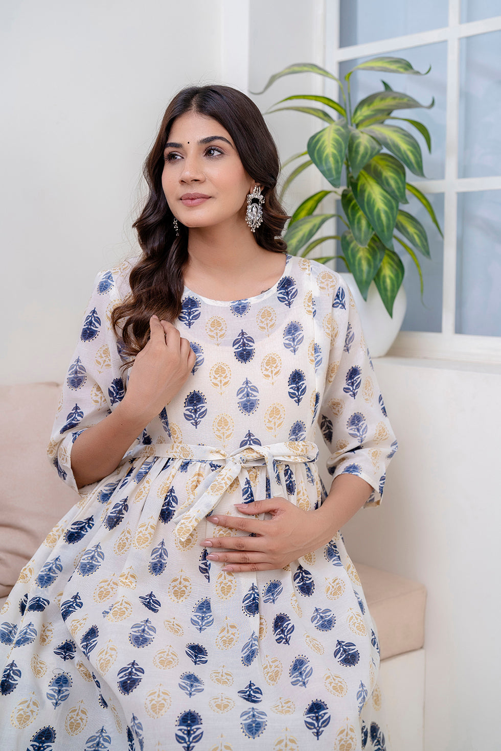 Off White Printed Flared Maternity Dress