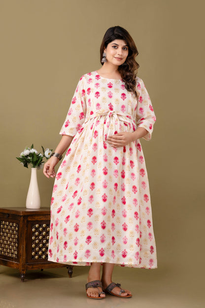 Off White Printed Flared Maternity Dress