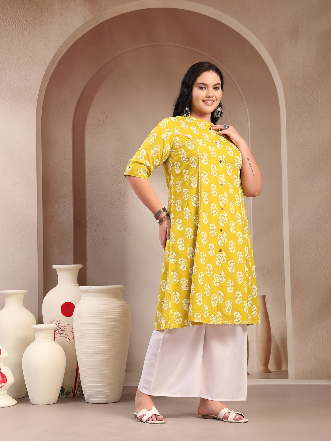 Plus Size Floral Printed Rayon A-Line Kurta