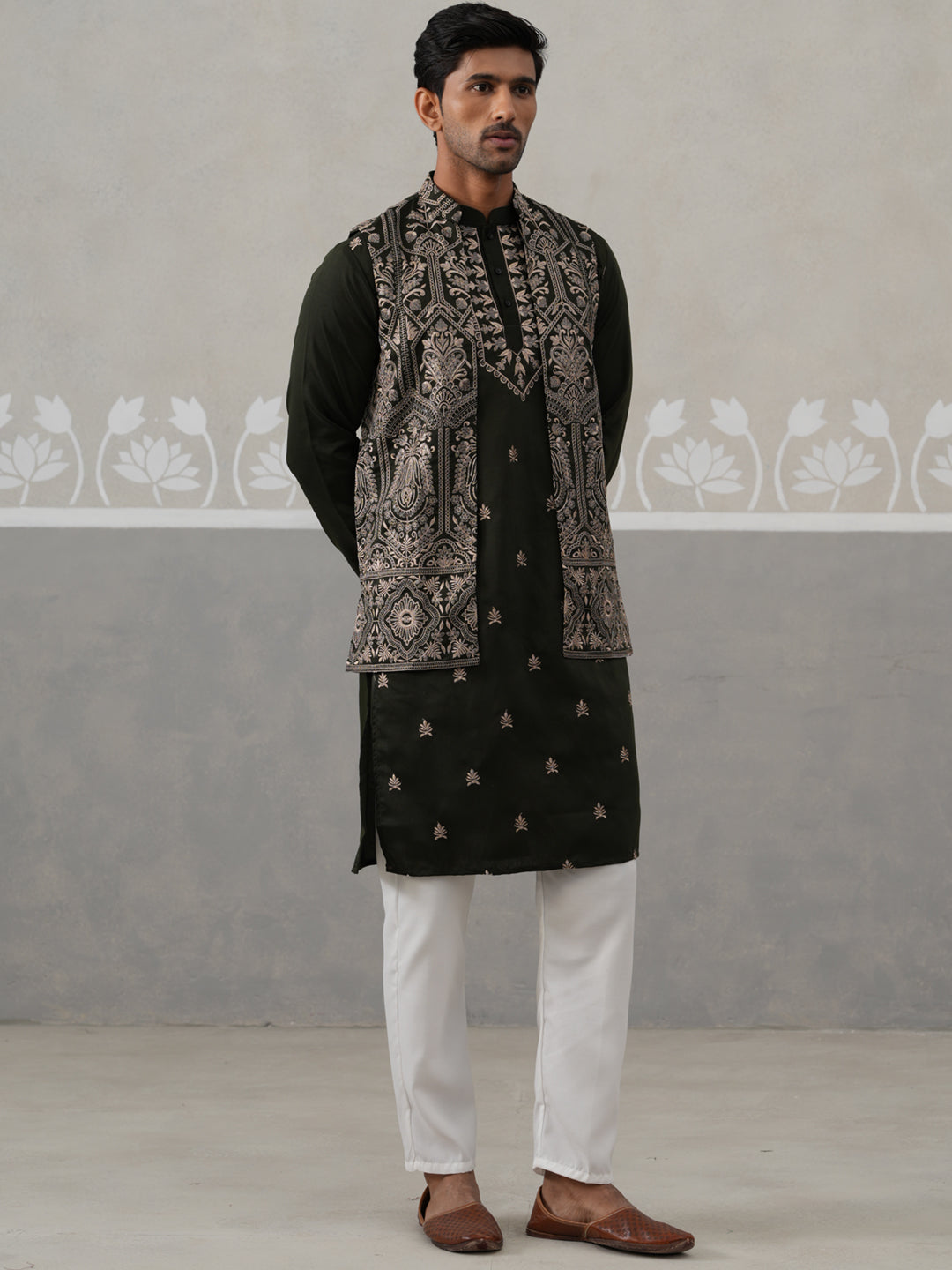 Embroidered Jacket With Classic Olive Kurta Set