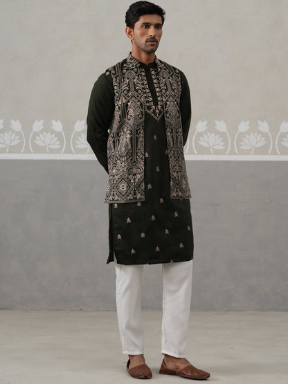 Embroidered Jacket With Classic Olive Kurta Set