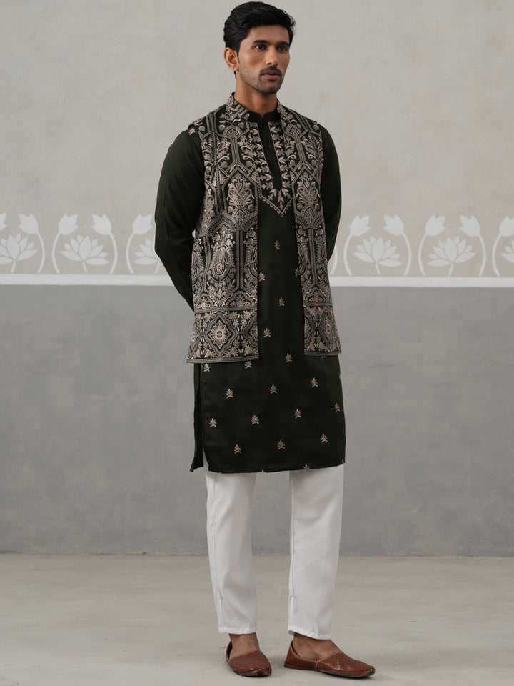 Embroidered Jacket With Classic Olive Kurta Set