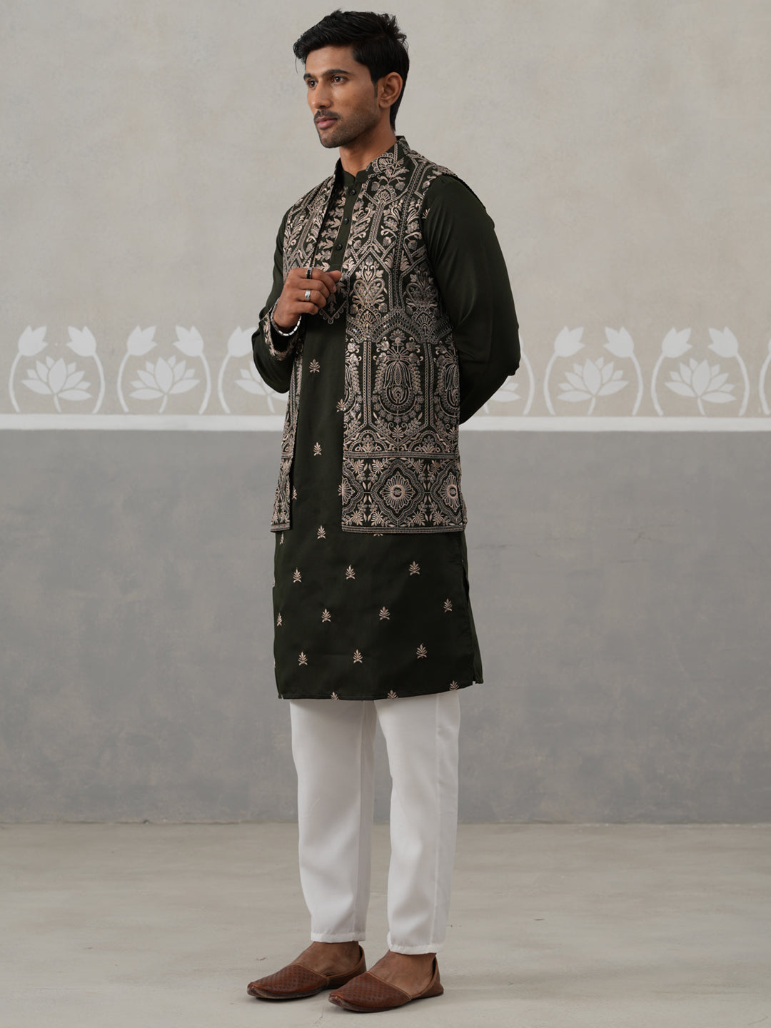 Embroidered Jacket With Classic Olive Kurta Set
