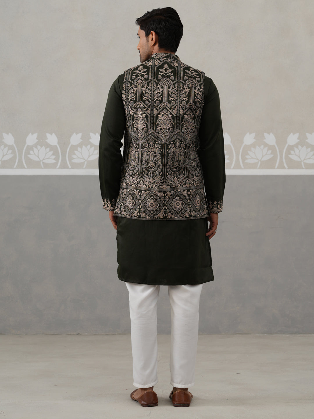 Embroidered Jacket With Classic Olive Kurta Set