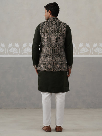 Embroidered Jacket With Classic Olive Kurta Set