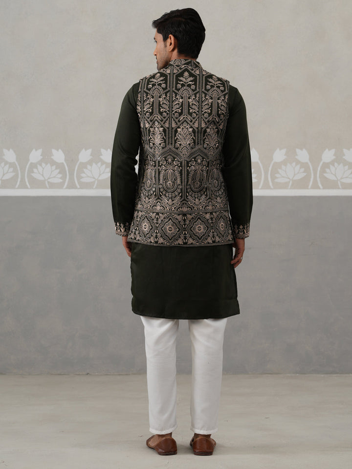 Embroidered Jacket With Classic Olive Kurta Set