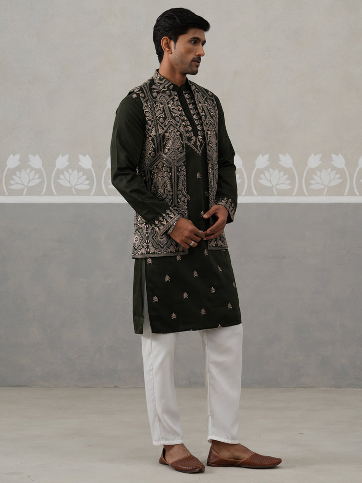 Embroidered Jacket With Classic Olive Kurta Set