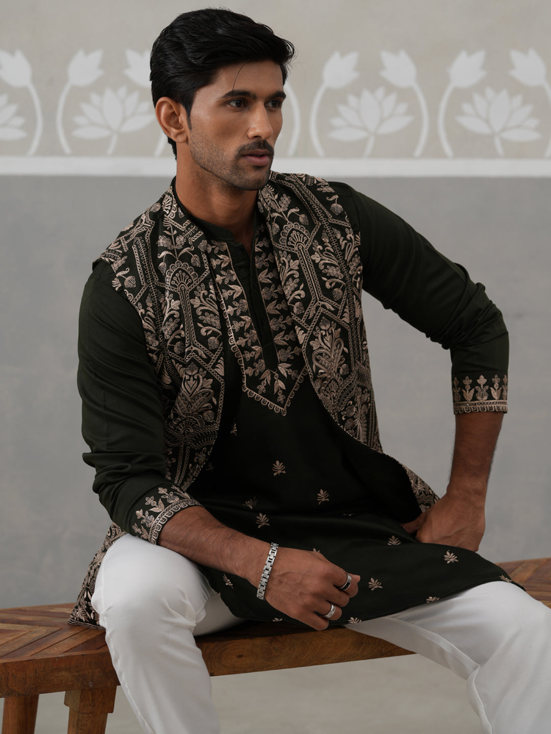 Embroidered Jacket With Classic Olive Kurta Set