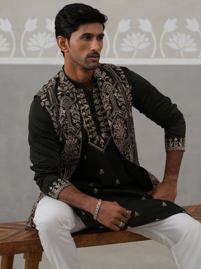 Embroidered Jacket With Classic Olive Kurta Set