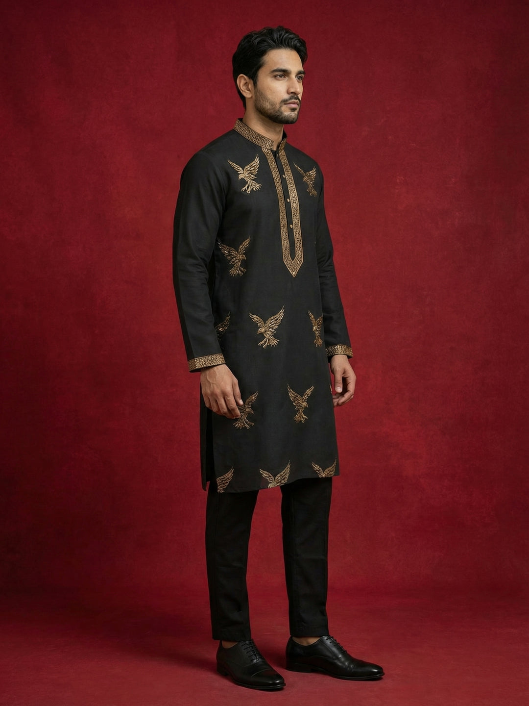 Silk Blend Kurta Pyjama Set With Golden Eagle Embroidery