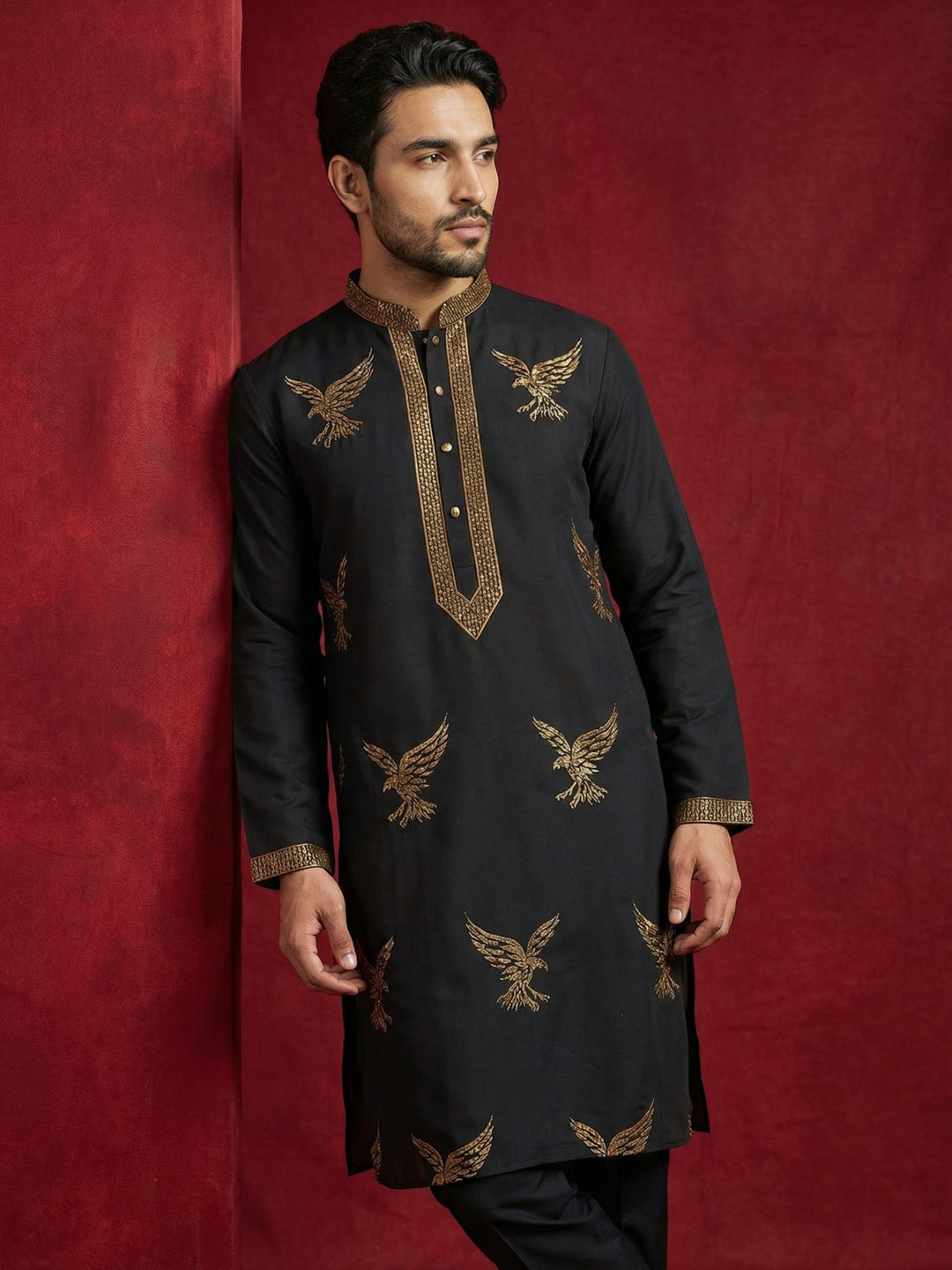 Silk Blend Kurta Pyjama Set With Golden Eagle Embroidery