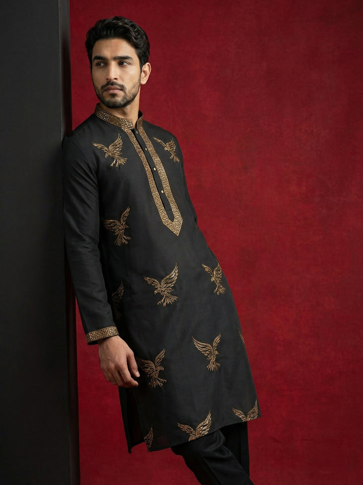 Silk Blend Kurta Pyjama Set With Golden Eagle Embroidery