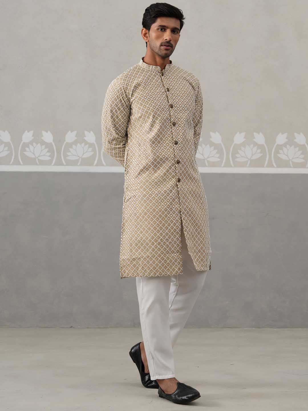 Sequin Chikankari Front Open Kurta With Pyjamas