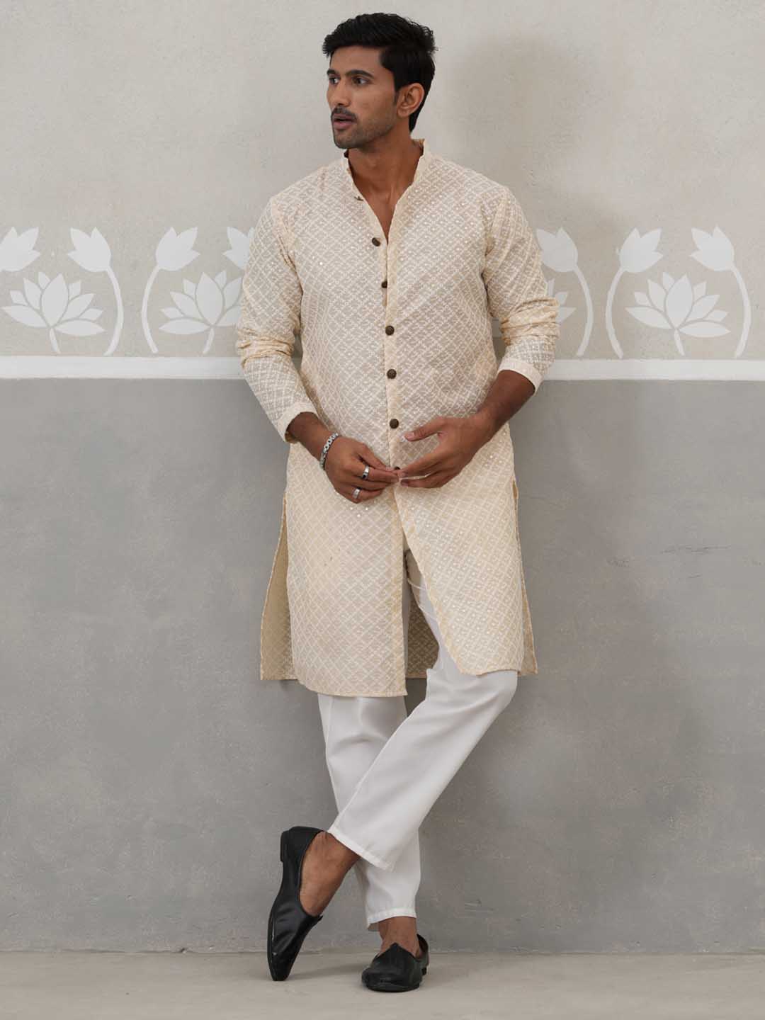 Sequin Chikankari Front Open Kurta With Pyjamas