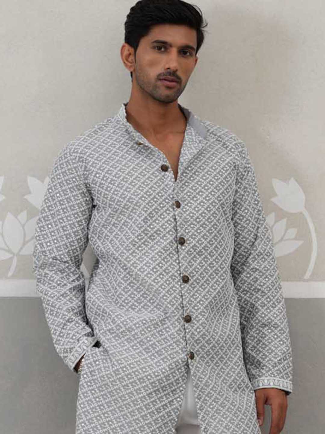 Sequin Chikankari Front Open Kurta With Pyjamas