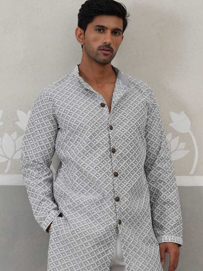 Sequin Chikankari Front Open Kurta With Pyjamas