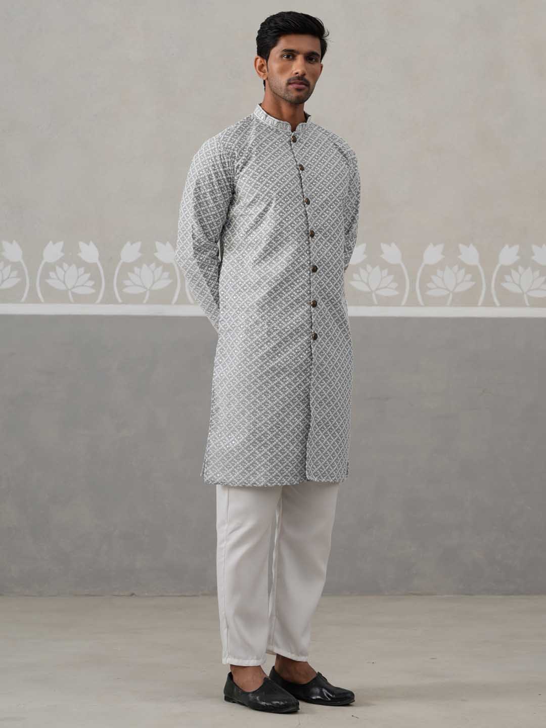 Sequin Chikankari Front Open Kurta With Pyjamas