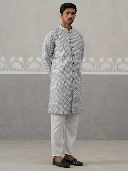 Sequin Chikankari Front Open Kurta With Pyjamas