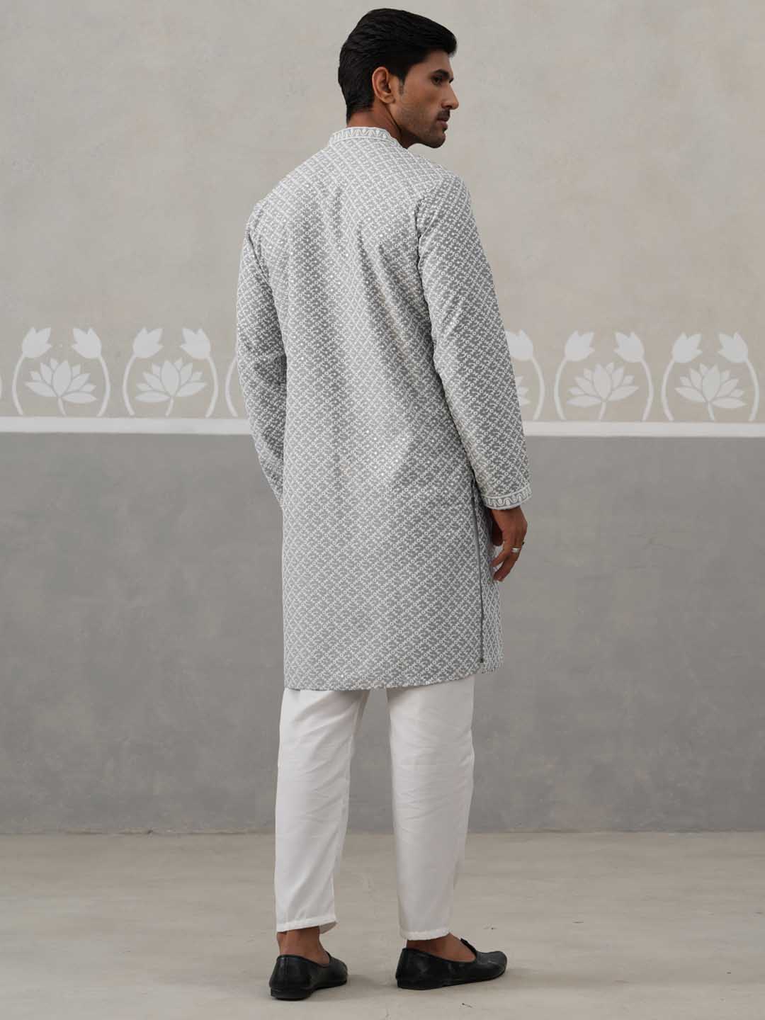 Sequin Chikankari Front Open Kurta With Pyjamas