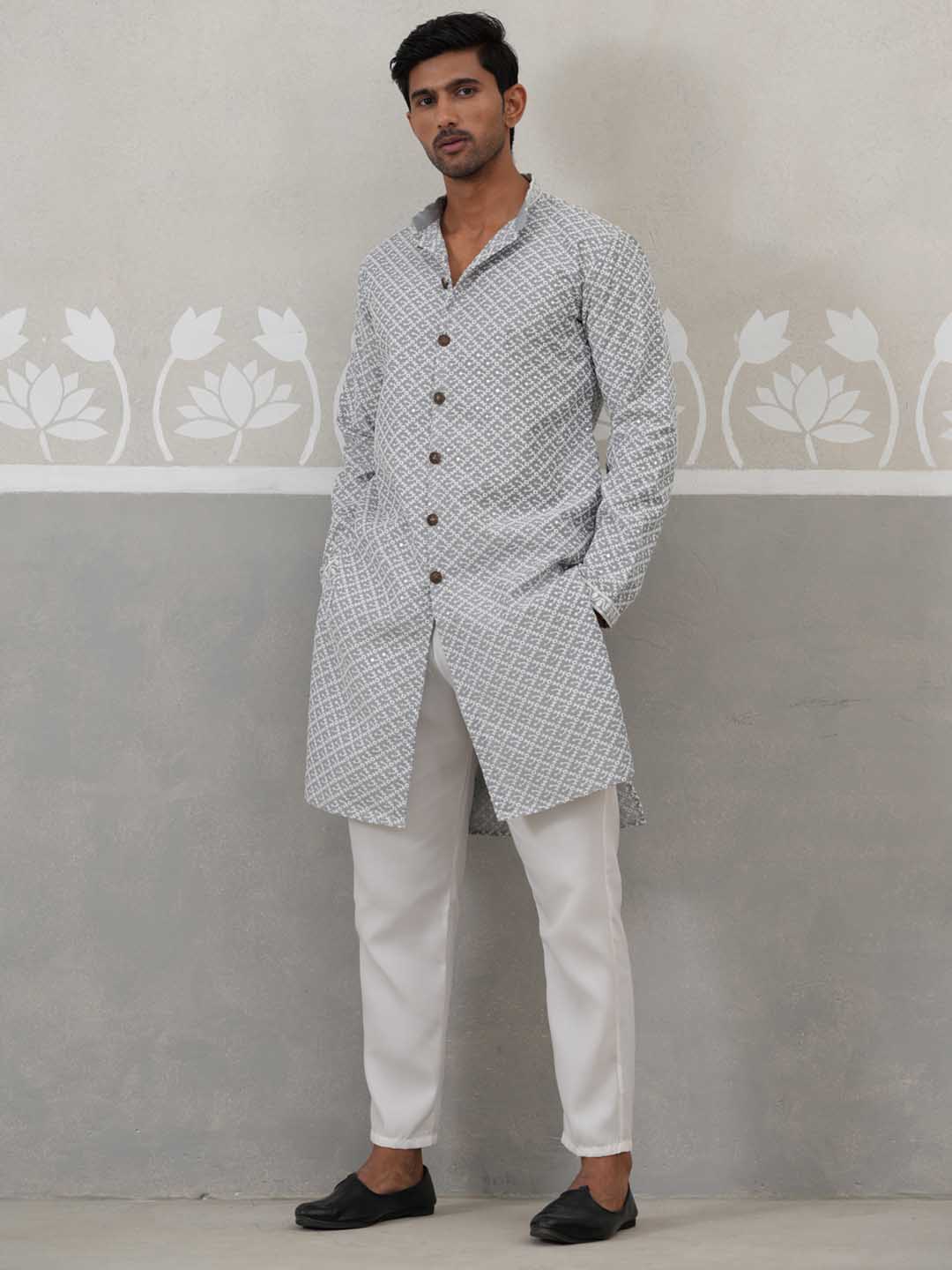 Sequin Chikankari Front Open Kurta With Pyjamas