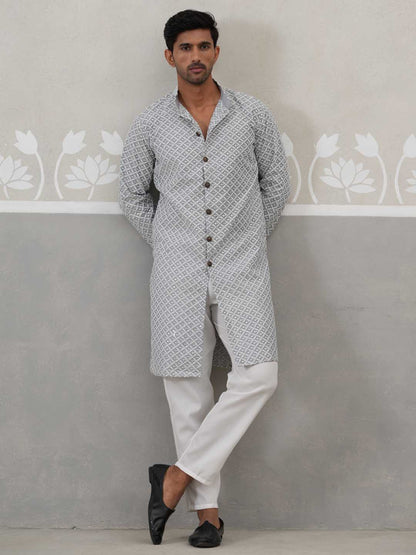 Sequin Chikankari Front Open Kurta With Pyjamas
