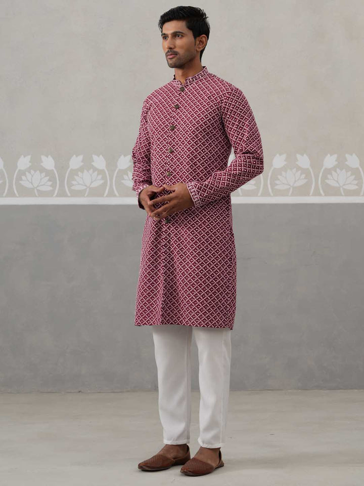 Sequin Chikankari Front Open Kurta With Pyjamas