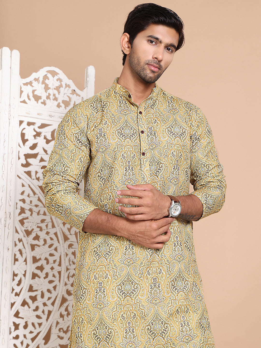 Men Printed Cotton Kurta Pyjama Set