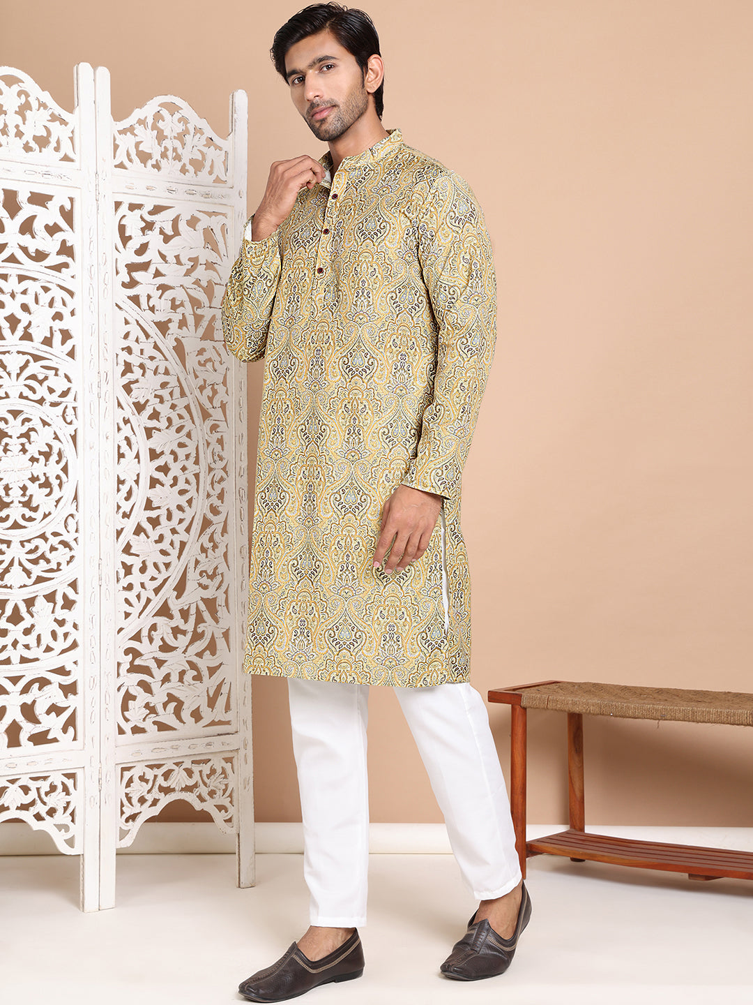 Men Printed Cotton Kurta Pyjama Set