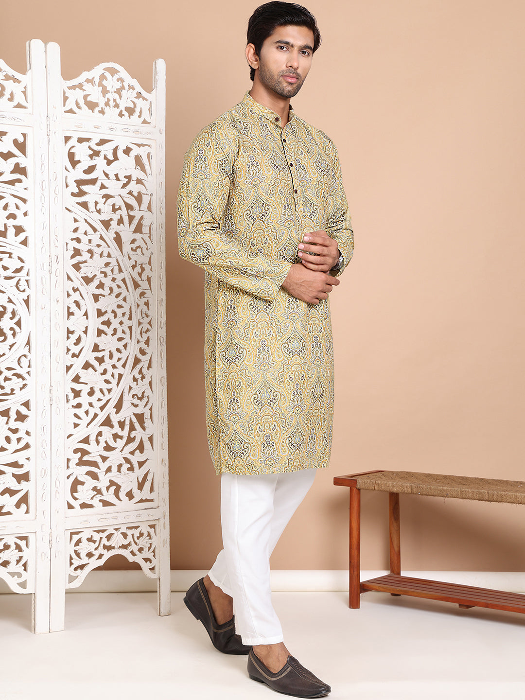 Men Printed Cotton Kurta Pyjama Set
