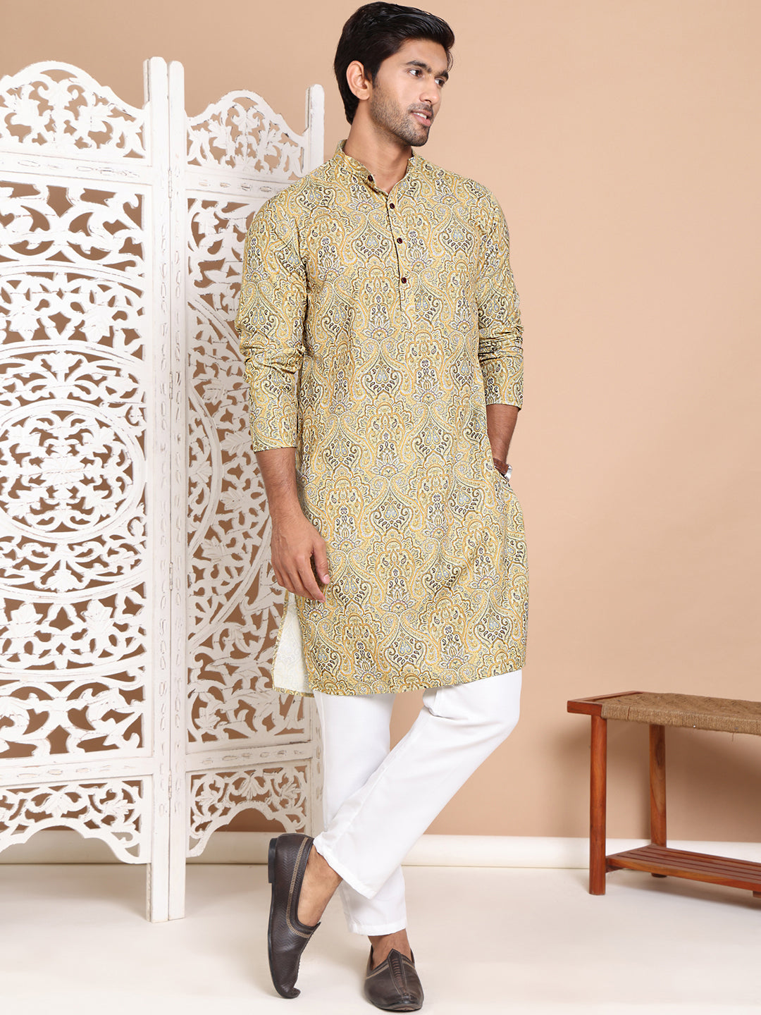 Men Printed Cotton Kurta Pyjama Set