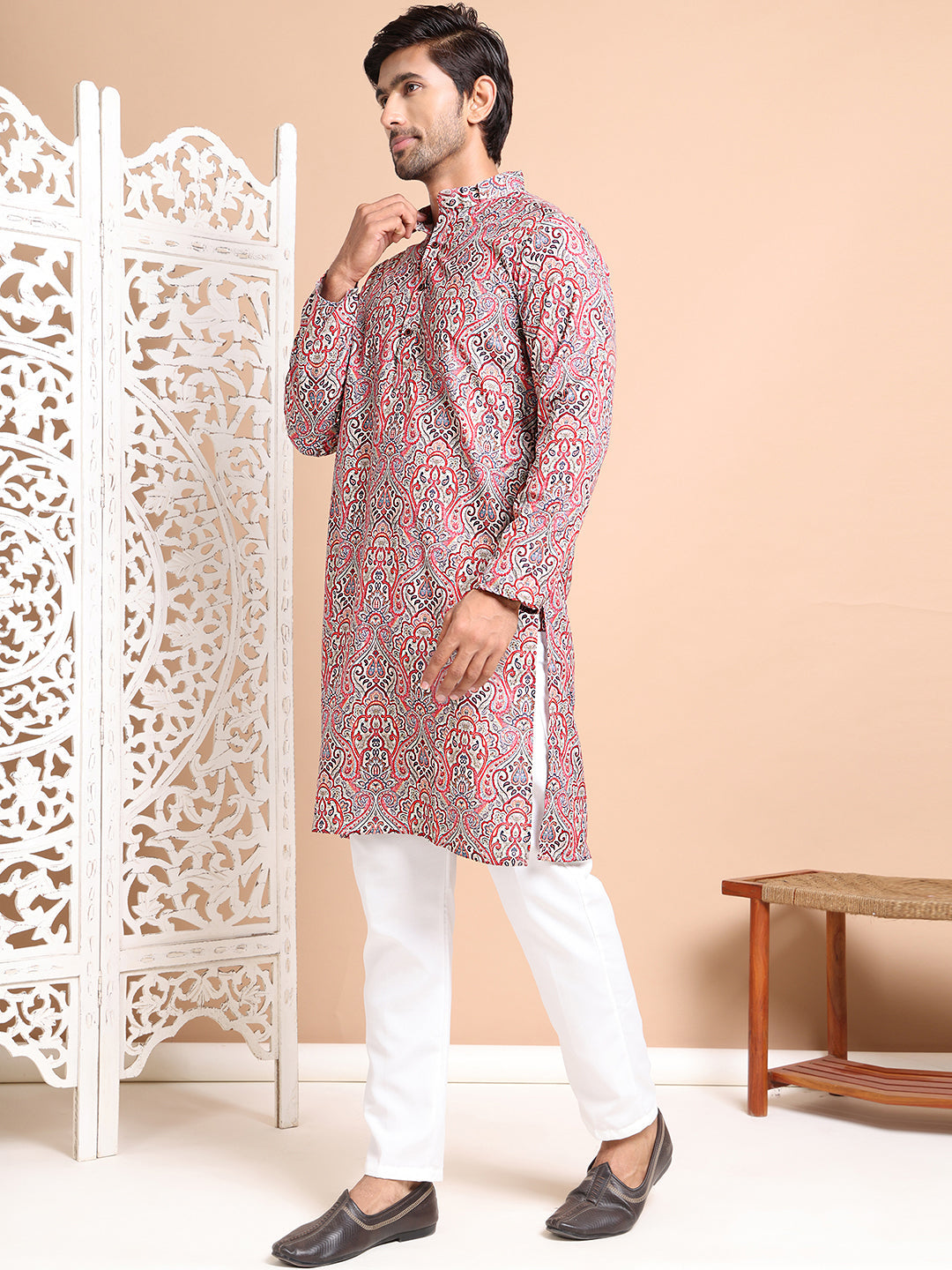 Men Printed Cotton Kurta Pyjama Set