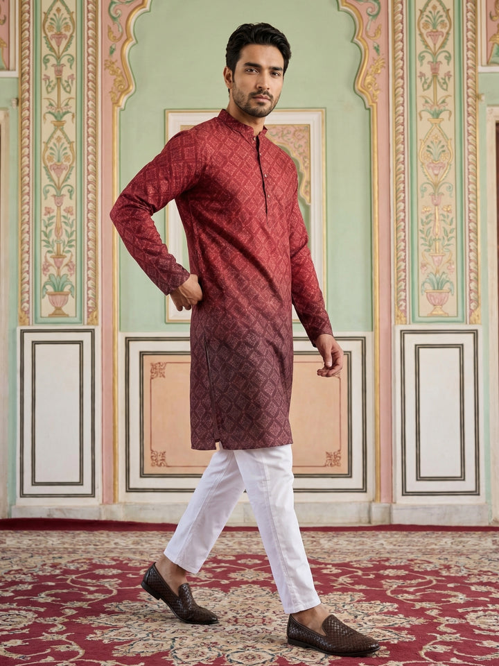 Maroon Ombre Printed Kurta Pyjama Set For Men
