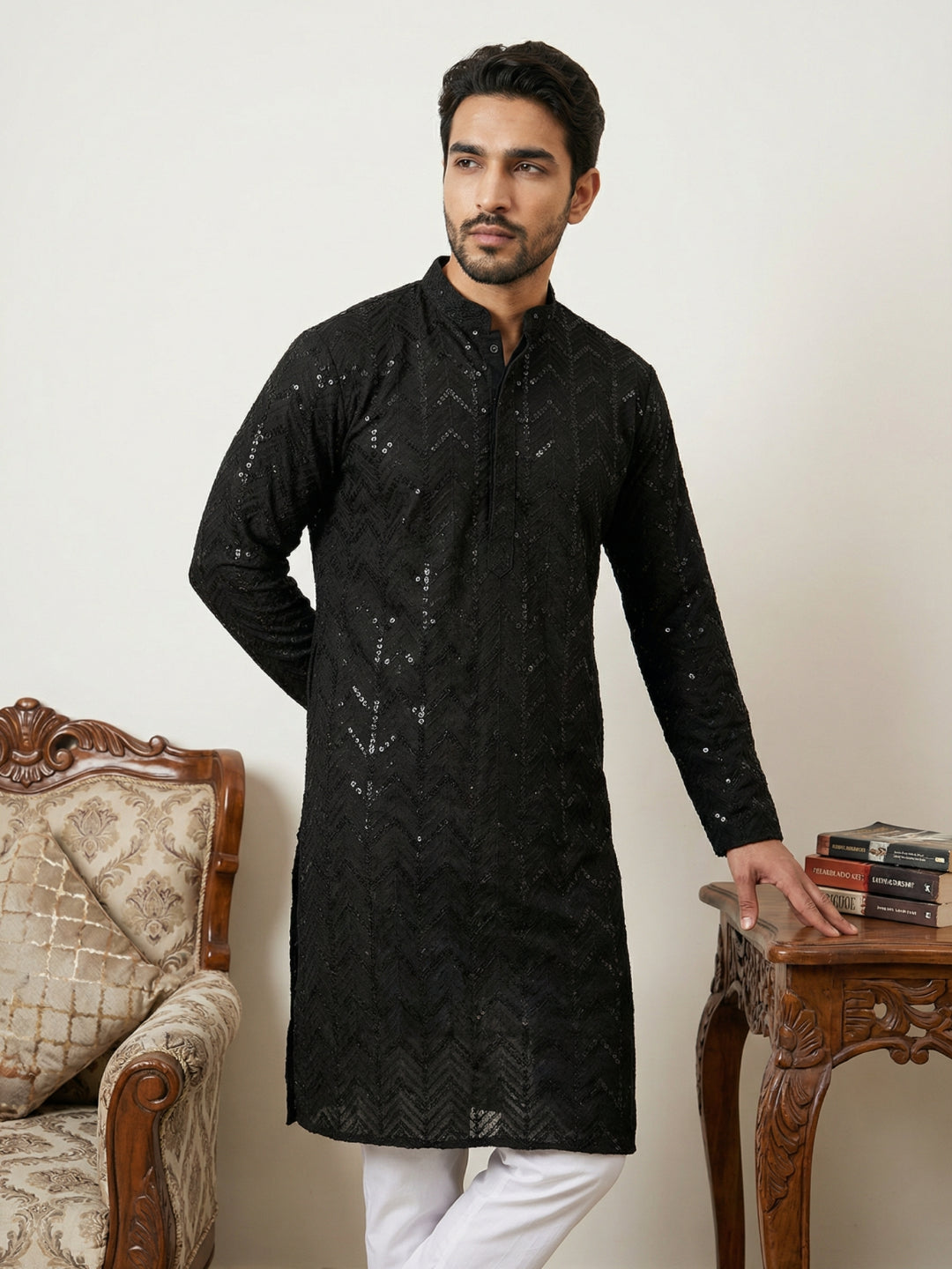 Embroidered Sequined Viscose Straight Kurta Pyjama.