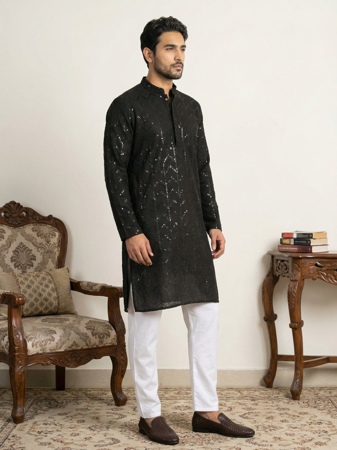 Embroidered Sequined Viscose Straight Kurta Pyjama.