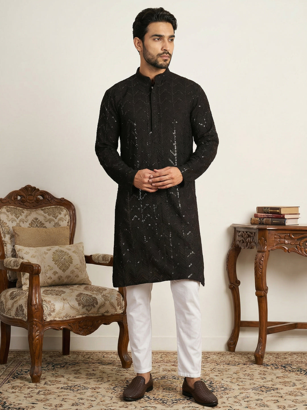 Embroidered Sequined Viscose Straight Kurta Pyjama.