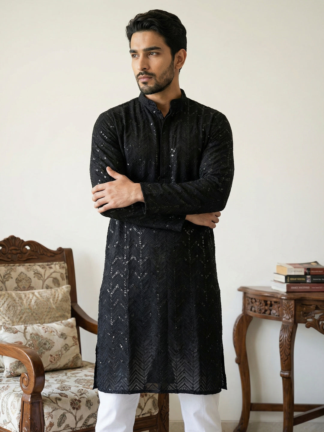 Embroidered Sequined Viscose Straight Kurta Pyjama.