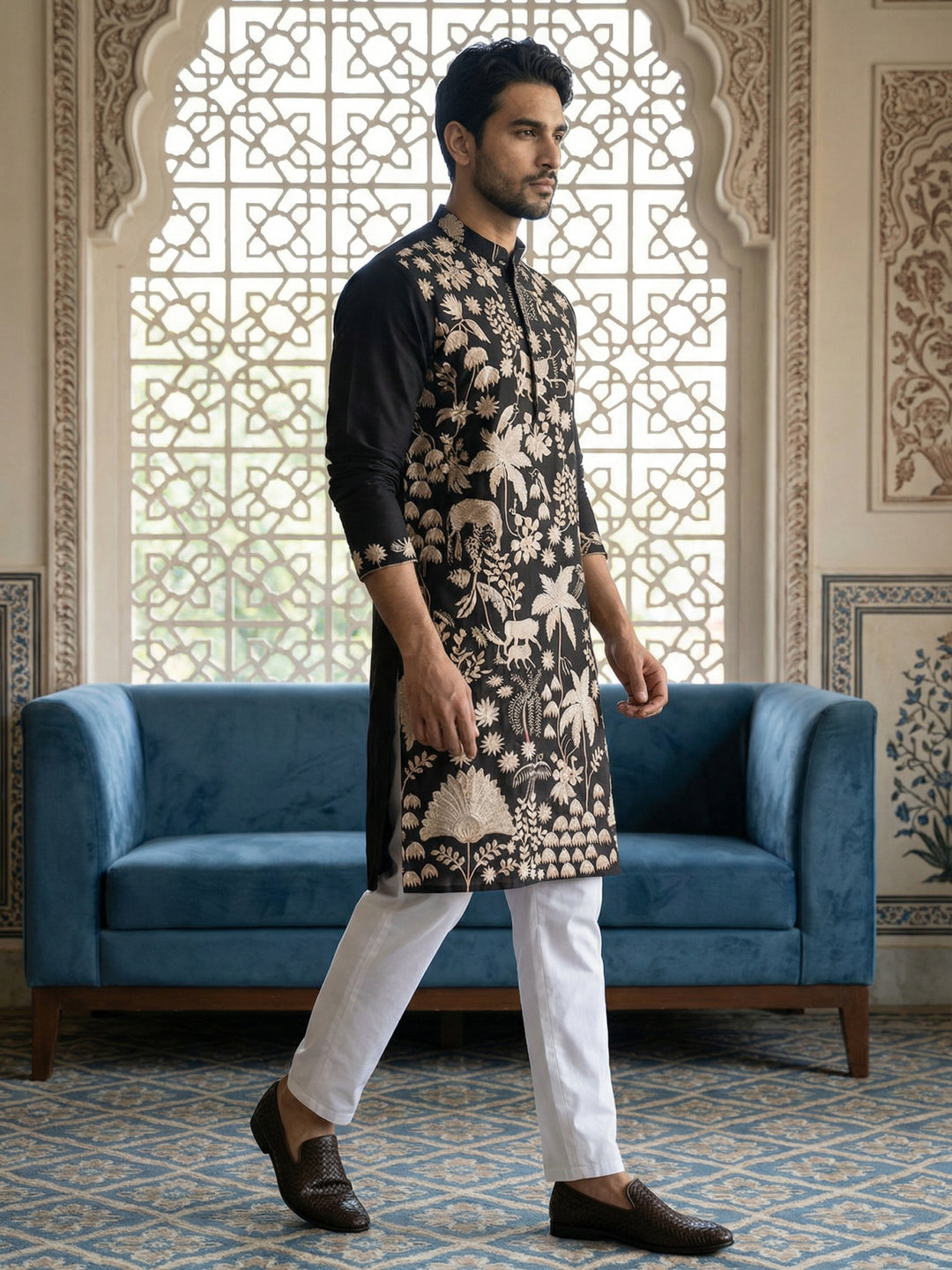 Embroidered Straight Kurta Pyjama Set.