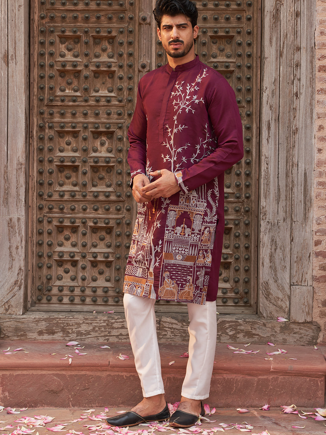 Purple Embroidered Straight Kurta Set For Men