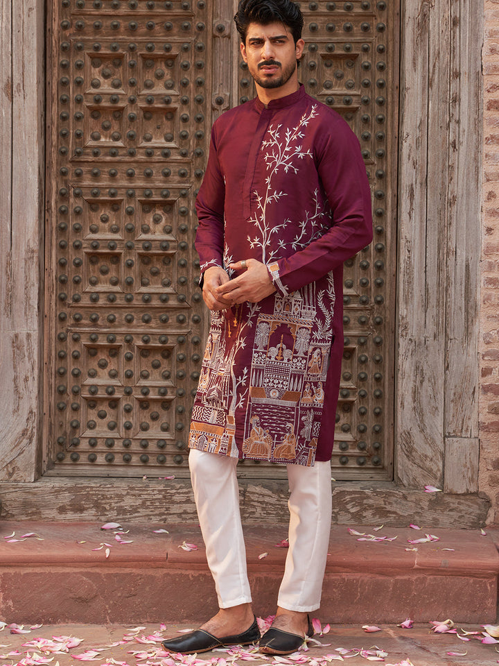 Purple Embroidered Straight Kurta Set For Men
