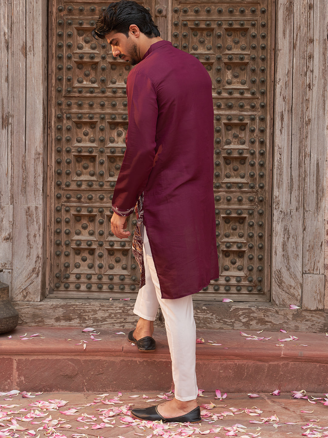 Purple Embroidered Straight Kurta Set For Men