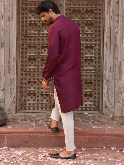 Purple Embroidered Straight Kurta Set For Men