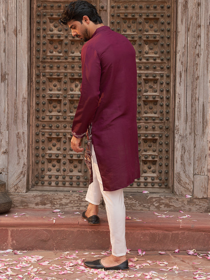 Purple Embroidered Straight Kurta Set For Men