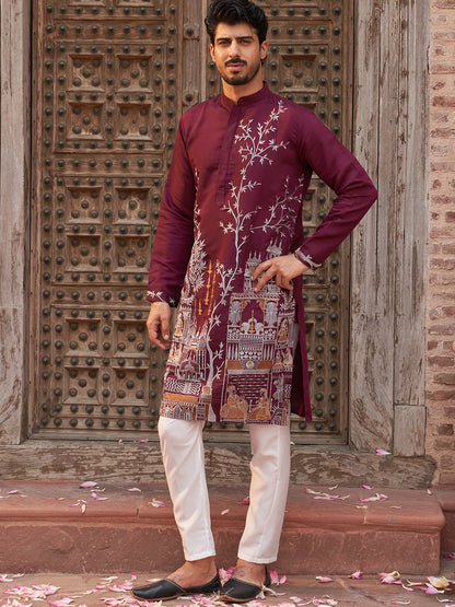 Purple Embroidered Straight Kurta Set For Men