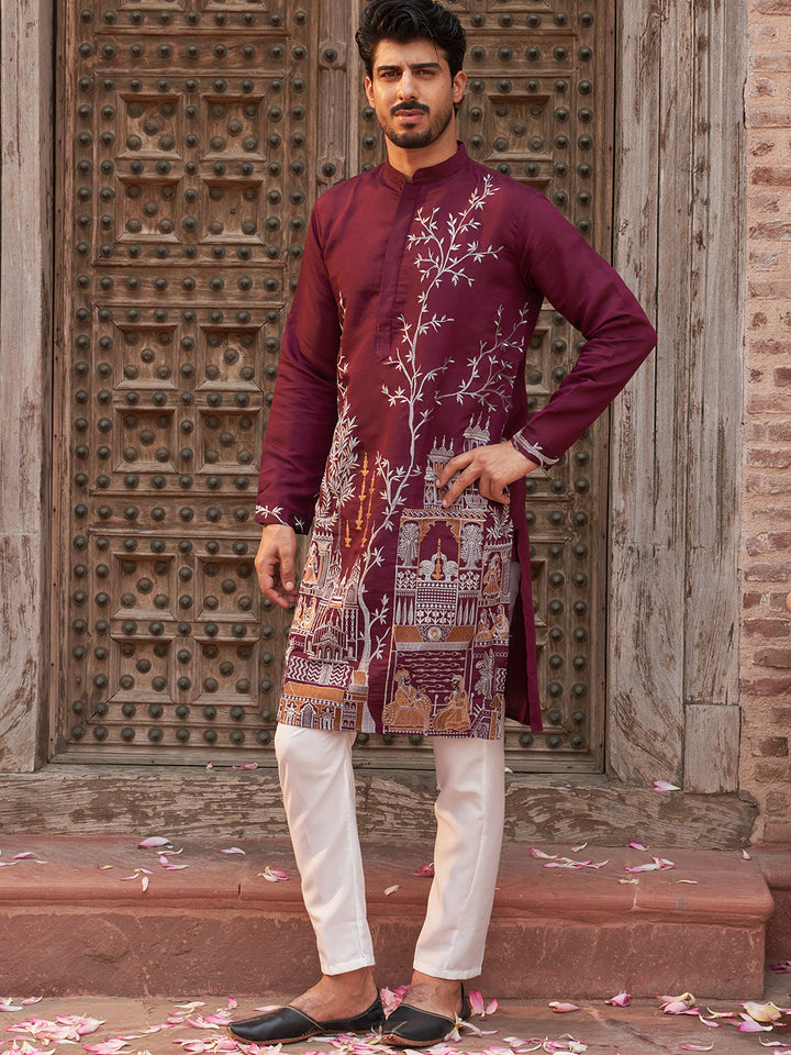 Purple Embroidered Straight Kurta Set For Men