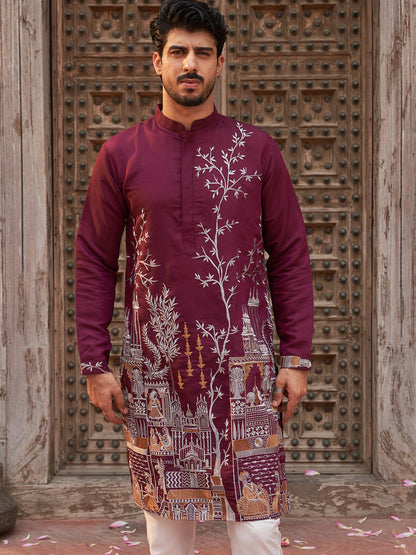 Purple Embroidered Straight Kurta Set For Men