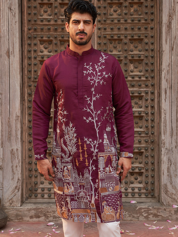 Purple Embroidered Straight Kurta Set For Men