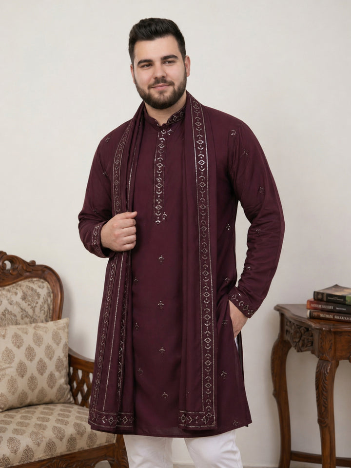 Silk Blend Embroidered Kurta Pyjama With Dupatta