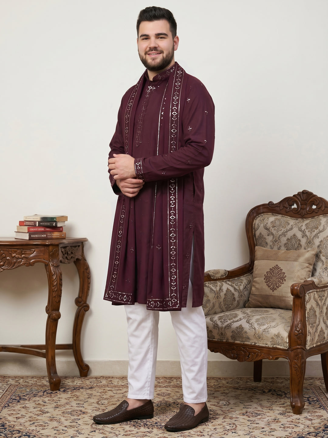 Silk Blend Embroidered Kurta Pyjama With Dupatta