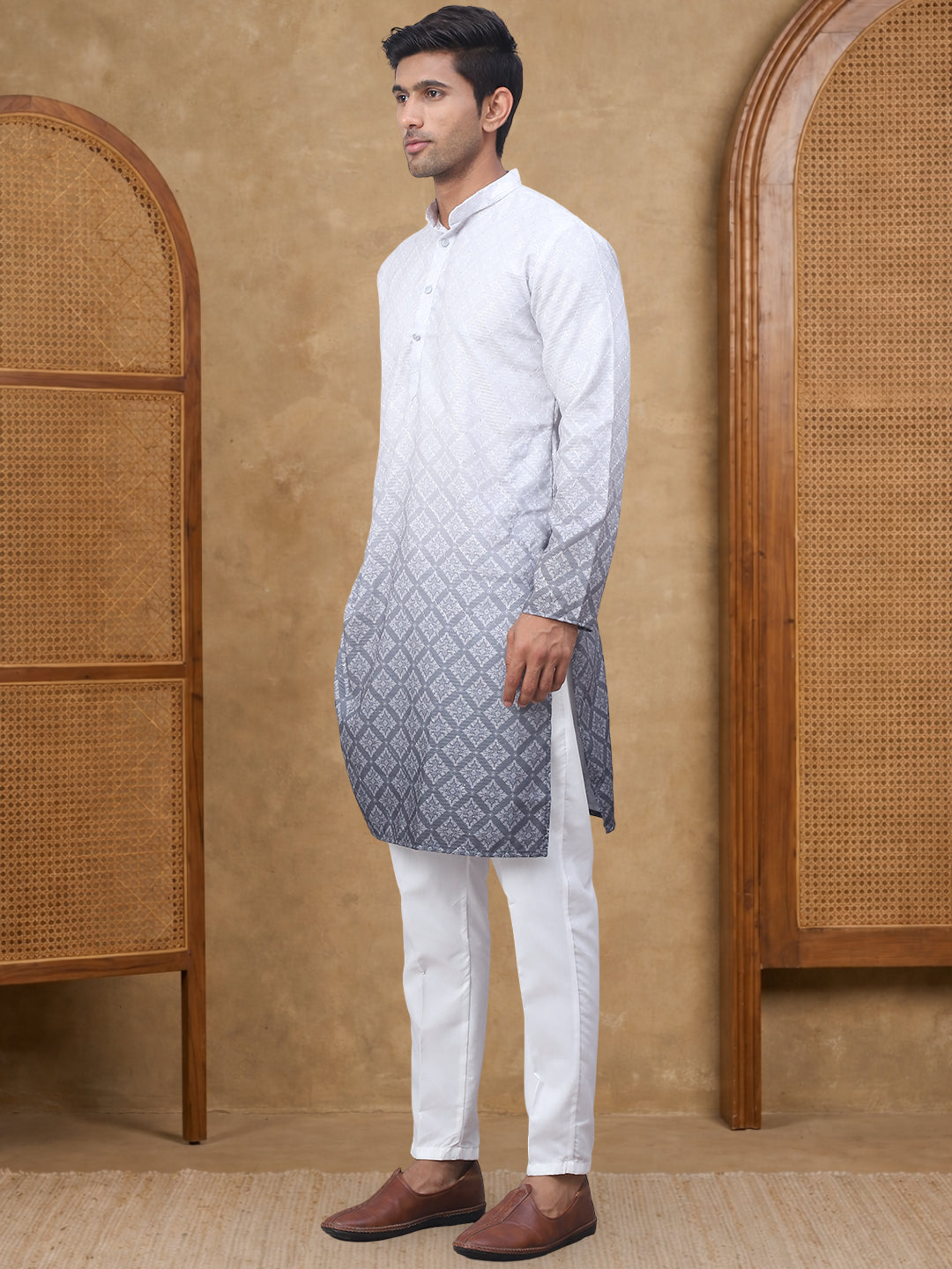 Purple Ombre Printed Kurta Pyjama Set For Men