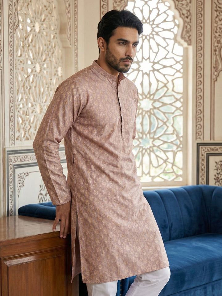 Peach Foil Printed Kurta With Pyjama